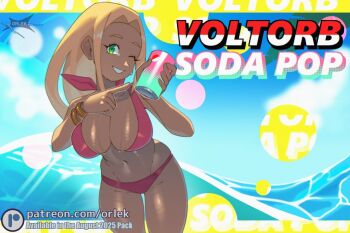 1girl alternate_breast_size_(larger) artist_name bikini blonde_hair bracelet breasts can cloud commentary day eyelashes green_eyes grin hands_up holding holding_can jewelry large_breasts leaning_forward long_hair looking_at_viewer navel nintendo one_eye_closed orlek outdoors patreon_logo pointing pokemon pokemon_xy sky smile solo swimmer_(pokemon) swimsuit tan teeth water watermark web_address
