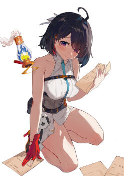 1girl absurdres ahoge atelier_(series) atelier_yumia bare_shoulders blush breasts commentary corset dress english_commentary gloves grey_hair highres kilam looking_at_viewer medium_breasts medium_hair purple_eyes red_gloves single_glove sitting solo sweatdrop white_background white_dress yumia_liessfeldt