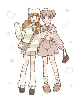 2girls ahoge animal_ear_headwear animal_ears beanie black_shoes blunt_bangs brown_hair brown_shirt brown_shoes brown_shorts closed_mouth double_bun eyelashes fake_animal_ears grey_skirt gyozawantan02 hair_bun hakozaki_serika hat heisei_retro highres idolmaster idolmaster_(classic) idolmaster_million_live! idolmaster_million_live!_theater_days long_hair looking_at_viewer loose_socks low_twintails multiple_girls official_alternate_hairstyle open_mouth orange_hair plaid_clothes plaid_shirt pleated_skirt pom_pom_(clothes) puffy_sleeves shirt shoes shorts skirt sleeves_past_wrists smile socks striped_clothes striped_shirt takatsuki_yayoi thumb_hole_sleeves twintails unmoving_pattern white_background white_socks wing_collar