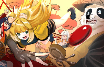 Rule 34 | 1boy, 3girls, absurdres, animal ears, belle (delicate sunlight) (zenless zone zero), belle (zenless zone zero), blonde hair, bow, character request, dalagbangsaenghwaljeung, green eyes, high-waist shorts, highres, jacket, ju fufu, long hair, multiple girls, orange fur, pan yinhu, panda boy, scenery, shorts, striped fur, striped hair, tail, tail bow, tail ornament, tiger ears, tiger girl, tiger stripes, tiger tail, yellow jacket, yixuan (zenless zone zero), zenless zone zero