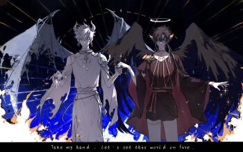 2boys alternate_universe ancient_greek_clothes angel angel_and_devil angel_wings antenna_hair armor belt black_cape black_hair black_nails black_shirt black_shorts black_wings blue_eyes bracelet cape chain cheng_xiaoshi cheng_xiaoshi_(angel) chinese_commentary closed_mouth collar cowboy_shot demon demon_boy demon_horns demon_wings earrings english_text feathered_wings fire gold_chain gold_necklace greco-roman_clothes hair_between_eyes halo head_wings highres holding_hands horns jewelry long_sleeves looking_at_viewer lu_guang lu_guang_(devil) male_focus multiple_boys neck_ring necklace official_alternate_costume radical_71 red_belt robe shiguang_dailiren shirt short_hair shorts shoulder_armor smile sparkle standing thighlet torn_clothes torn_wings traditional_halo two-sided_cape two-sided_fabric white_hair white_horns white_robe white_wings wide_sleeves wings yaoi yellow_eyes