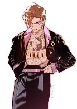 1boy ace_(playing_card) ace_of_clubs ace_of_diamonds ace_of_hearts ace_of_spades alternate_costume belt black_jacket black_pants black_sclera brown_hair card character_name chest_tattoo club_(shape) collarbone colored_sclera commentary cowboy_shot diamond_(shape) dice earrings english_commentary facial_tattoo gambit gold_earrings hand_tattoo heart highres hoop_earrings jacket jewelry magneto male_focus marvel multiple_tattoos pants pink_belt pink_trim playing_card red_eyes rogue_(x-men) short_hair signature simone_di_meo single_earring solo spade_(shape) tattoo toned toned_male white_background x-men