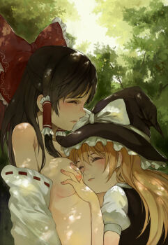 2girls bare_shoulders blonde_hair blush bow breasts brown_hair closed_eyes couple dappled_sunlight detached_sleeves female_focus fingernails grabbing_another&#039;s_breast groping haijin hair_bow hair_tubes hakurei_reimu hat hat_bow japanese_clothes kirisame_marisa long_hair miko multiple_girls nipples nude popoccpo shade smile sunlight touhou tree_shade upper_body wince witch witch_hat yuri
