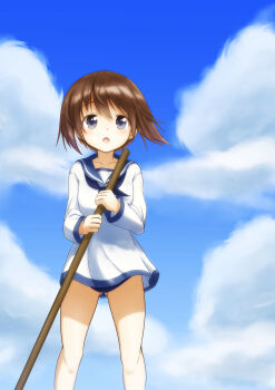 1girl absurdres black_neckerchief blue_one-piece_swimsuit blue_sailor_collar blue_sky broom brown_eyes brown_hair cloud commentary_request day gluteal_fold highres miyafuji_yoshika neckerchief no_pants old_school_swimsuit one-piece_swimsuit open_mouth outdoors sailor_collar school_swimsuit shionic_zm shirt short_hair sky solo standing strike_witches swimsuit swimsuit_under_clothes white_shirt world_witches_series
