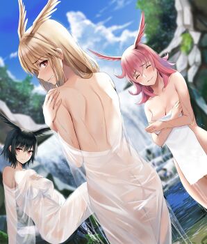 3girls ass black_hair blonde_hair blush breasts covering_privates day dress expressionless fate/grand_order fate_(series) hair_between_eyes head_wings highres hildr_(fate) long_hair looking_at_viewer medium_breasts multiple_girls naked_towel nicky_w nude nude_cover off_shoulder ortlinde_(fate) outdoors parted_lips pink_hair red_eyes see-through_clothes see-through_dress short_hair single_bare_shoulder sitting smile thighs thrud_(fate) towel valkyrie_(fate) wading water waterfall wet wings