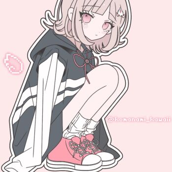 1girl brown_hair danganronpa_(series) danganronpa_2:_goodbye_despair flipped_hair hair_ornament jacket komanami_kawaii long_sleeves looking_at_viewer medium_hair nanami_chiaki neck_ribbon pink_eyes ribbon shirt shoes solo squatting white_shirt
