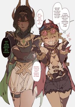 Rule 34 | 2girls, :/, absurdres, ancient egyptian clothes, animal ear headwear, animal ears, annoyed, bandana around arm, bare shoulders, beanie, belt, blonde hair, blush, braid, braided hair rings, breasts, cape, center opening, clenched hand, closed eyes, closed mouth, commentary, compass, crossed arms, detached sleeves, double-parted bangs, elbow gloves, english commentary, english text, eye tattoo, eyewear on head, face piercing, fake animal ears, fingerless gloves, flying-frappuccino, flying sweatdrops, furrowed brow, gem, genshin impact, gloves, green eyes, green gemstone, green hair, hair between eyes, hair rings, hands up, hat, headpiece, highres, jahoda (genshin impact), jewelry, leotard, lip piercing, long hair, mechanical arms, medium breasts, miniskirt, mole, mole under eye, multiple girls, nefer (genshin impact), no bra, open mouth, piercing, pink-tinted eyewear, prosthesis, prosthetic arm, shaded face, short shorts, shorts, single detached sleeve, single mechanical arm, single thighhigh, skirt, smile, sunglasses, tattoo, thigh gap, thigh strap, thighhighs, tinted eyewear, torn clothes, torn thighhighs, usekh collar, x hat ornament