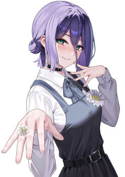 1girl absurdres black_choker black_dress black_ribbon blush chainsaw_man choker closed_mouth dress finger_to_face flower flower_ring green_eyes hair_between_eyes hair_bun highres lnji_(rnlwls34) long_bangs looking_at_viewer purple_hair reze_(chainsaw_man) ribbon shirt short_hair sidelocks smile solo white_flower white_shirt