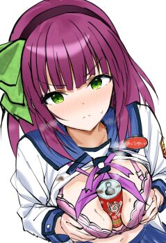 Rule 34 | >:(, 1girl, angel beats!, black hairband, blunt bangs, blush, bow, breasts, breasts squeezed together, can, canned coffee, closed mouth, commentary request, commission, company name, cowboy shot, drink can, dutch angle, embarrassed, frown, grabbing own breast, green bow, green eyes, hair bow, hairband, key (company), large breasts, long sleeves, looking at viewer, medium hair, nakamura yuri, nose blush, open clothes, open shirt, purple hair, sexually suggestive, shinda sekai sensen uniform, shirt, simple background, skeb commission, solo, split mouth, steam, straight hair, sweatdrop, translated, v-shaped eyebrows, white background, white shirt, zenoo