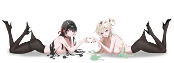 2girls absurdres black_choker black_hair black_pantyhose black_shoes blonde_hair blue_eyes breasts chisa_(wuthering_waves) choker commentary four-finger_heart_hands from_side hagyu hair_ornament hair_ribbon heart heart_hands heart_hands_duo high_heels highres holding hooked_on_heel incredibly_absurdres lace_pantyhose_hooked_on_heel_(meme) long_hair looking_at_viewer looking_to_the_side lying lynae_(wuthering_waves) medium_breasts meme multiple_girls on_stomach pantyhose red_eyes red_ribbon ribbon shoes simple_background skull_hair_ornament tacet_mark_(wuthering_waves) the_pose thighband_pantyhose topless_female white_background wuthering_waves