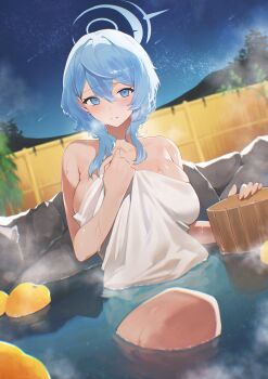 1girl absurdres ako_(blue_archive) ao_tsukushi bare_shoulders bathing blue_archive blue_eyes blue_hair blush breasts hair_between_eyes halo highres large_breasts long_hair looking_at_viewer naked_towel onsen solo towel water