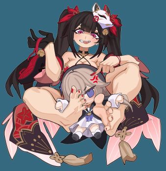 2girls anger_vein bell black_choker black_gloves black_hair blue_background breasts brown_hair chibi choker cleavage commentary double-parted_bangs dress english_commentary feet finger_on_another's_head fingernails foot_focus foot_on_another's_face fox_mask full_body gloves hands_up herta_(honkai:_star_rail) herta_(puppet)_(honkai:_star_rail) highres honkai:_star_rail honkai_(series) jingle_bell large_breasts long_hair looking_at_viewer mask mask_on_head mole mole_under_each_eye mole_under_eye multiple_girls multiple_moles nail_polish neck_bell nezo pink_eyes purple_eyes red_dress red_nails simple_background single_glove sparkle_(honkai:_star_rail) toenail_polish toenails toes tongue tongue_out twintails yuri