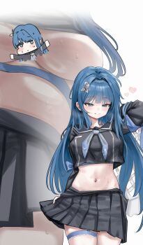 1girl absurdres arcana_(fortune_mate)_(nikke) arcana_(nikke) black_serafuku black_skirt blue_eyes blue_hair breasts censored character_censor commentary goddess_of_victory:_nikke hampo1219 highres large_breasts long_hair midriff miniskirt multiple_views navel novelty_censor official_alternate_costume school_uniform serafuku skirt sweat thigh_strap thighs underboob untranslatable_commentary very_long_hair
