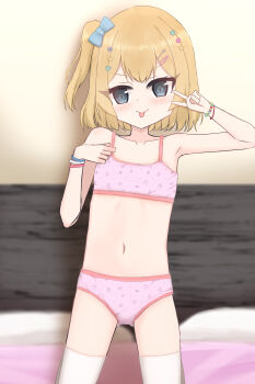 1girl banana_print bed bedroom blanket blonde_hair blue_bow blush bow bra bracelet cherry_print collarbone crotch_seam flat_chest flower food_print fruit_print grape_print grey_eyes hair_bow hair_flower hair_ornament hairclip heart heart_hair_ornament jewelry kneeling loli looking_at_viewer navel on_bed original panties pillow pink_bra pink_panties polka_dot polka_dot_bra polka_dot_panties ponytail print_bra print_panties shooko short_hair sidelocks smile star_(symbol) star_hair_ornament strawberry_print thighhighs tongue tongue_out underwear v white_thighhighs