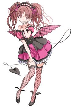 1girl absurdres bare_shoulders black_corset black_nails black_shoes brown_eyes brown_hair corset demon_horns demon_tail dress fake_horns fake_tail fake_wings fishnet_thighhighs fishnets frilled_hairband frills full_body haimura_kiyotaka hairband hashtag-only_commentary high_heels highres horns long_hair looking_at_viewer official_alternate_costume parted_lips pink_dress shirai_kuroko shoes smile solo tail thighhighs toaru_kagaku_no_railgun toaru_majutsu_no_index twintails white_background wings