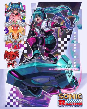 Rule 34 | 4girls, absurdres, amy rose, animal ear headphones, animal ears, aqua hair, cat ear headphones, cat ears, chao (sonic), copyright name, cream the rabbit, drill hair, fake animal ears, fingerless gloves, gloves, hatsune miku, headphones, hedgehog girl, highres, hoverboard, jacket, kasane teto, kornart, logo, m@gical cure! love shot! (vocaloid), multiple girls, official alternate costume, open mouth, rabbit girl, sonic (series), sonic racing: crossworlds, star-shaped pupils, star (symbol), symbol-shaped pupils, twin drills, twintails, v, v over eye, vocaloid