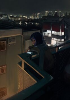 1girl absurdres against_railing black_eyes black_pants blue_hair blue_scarf building cellphone cityscape closed_mouth coat commentary condenser_unit grey_sky guantanima_ii_(shadches72) highres leaning_forward long_sleeves looking_to_the_side medium_hair original pants phone railing scarf shadches72 sky solo window yellow_coat