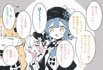 3girls :o =_= beret bird_hat_ornament black_capelet black_dress blonde_hair blue_hair blue_necktie braid braided_hair_rings capelet check_translation cross cross_earrings deerstalker dress ear_piercing earrings fang flat_color flower gradient_hair hair_flower hair_ornament hair_rings hat jewelry magical_girl mahou_shoujo_no_majo_saiban manobo multicolored_hair multiple_girls necktie open_mouth orange_eyes partially_translated piercing pink_eyes pink_hair saeki_miria sakuraba_ema short_hair skin_fang sweatdrop translation_request two-tone_background white_flower white_hair x_hair_ornament