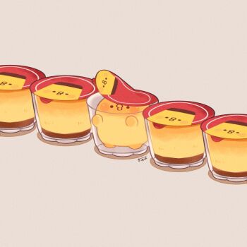 baby_animal bird chick chicken commentary_request food grey_background kimipiyo_(tenmiyakiyo) no_humans original pudding simple_background tenmiyakiyo