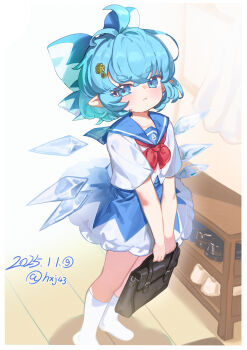 1girl :t absurdres ahoge bag blue_bow blue_eyes blue_hair blue_sailor_collar blue_skirt border bow bowtie cirno cirno_day commentary dated flower foot_out_of_frame hair_bow hair_flower hair_ornament highres holding holding_bag hxj_(2324184595) ice ice_wings indoors kneehighs looking_at_viewer no_shoes pointy_ears pout red_bow red_bowtie sailor_collar sailor_shirt school_bag school_uniform shirt short_hair short_sleeves skirt socks solo sunflower sunflower_hair_ornament touhou twitter_username v_arms white_border white_shirt white_socks wings
