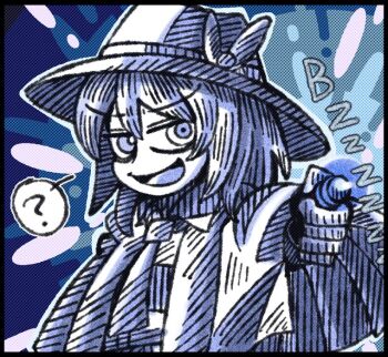 ! 1girl :d ? aiming blue_eyes blue_hair bow capelet collar hair_between_eyes hat hat_bow necktie open_mouth shirt smile solo suenari_(peace) touhou usami_renko white_capelet white_collar white_necktie white_shirt