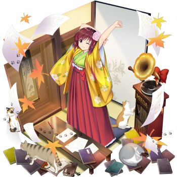 Rule 34 | 1girl, autumn leaves, book, brown eyes, brown hair, calico (pattern), calico cat, cat, closed mouth, cushion, falling leaves, floral print, flower, flower request, game cg, green kimono, hair flower, hair ornament, hakama, hakama skirt, hieda no akyuu, highres, japanese clothes, kimono, leaf, long sleeves, looking at viewer, official art, one eye closed, paw print, phonograph, print kimono, red hakama, rotte (1109), scroll, skirt, smile, solo, stretching, tatami, third-party source, touhou, touhou lostword, transparent background, wide sleeves, yellow kimono, zabuton