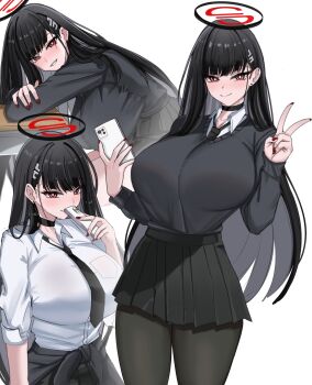 Rule 34 | 1girl, black choker, black hair, black necktie, black pantyhose, blue archive, blunt bangs, breasts, bright pupils, choker, collared shirt, commentary request, desk, hair behind ear, hair ornament, hairclip, halo, highres, large breasts, leaning back, lengkuass, long hair, miniskirt, multicolored halo, multiple views, necktie, pantyhose, pleated skirt, red eyes, red nails, ringed eyes, rio (blue archive), school desk, shirt, simple background, sitting, skirt, sleeves rolled up, smile, sweater, tied sweater, turtleneck, turtleneck sweater, two-tone halo, v, white background, white pupils, white shirt