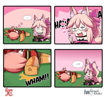 animal_ears fate/grand_order fate_(series) fox_ears fox_tail highres keita_naruzawa koyanskaya_(fate) original phone pink_hair sleeping tail tamamo_(fate) tamamo_cat_(fate)