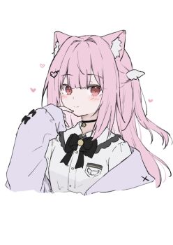 1girl animal_ear_fluff animal_ears arrow_through_heart bell black_bow black_choker black_ribbon bow breast_pocket buttons cat_ears cat_girl center-flap_bangs choker closed_mouth collared_shirt cropped_torso finger_to_mouth frilled_shirt_collar frills hair_intakes hair_ornament hand_up hayashi_maka heart heart_hair_ornament highres indie_virtual_youtuber jacket jingle_bell light_blush long_hair long_sleeves looking_at_viewer loving_aura mikeneko_(5th_costume)_(vtuber) mikeneko_(vtuber) neck_bell neck_ribbon one_side_up open_clothes open_jacket pink_hair pocket purple_jacket red_eyes ribbon shirt sidelocks simple_background single_off_shoulder sleeve_bow sleeves_past_wrists smile solo split_mouth virtual_youtuber white_background white_shirt wing_collar wing_hair_ornament