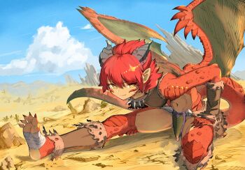 armor bandaged_foot bandages bare_shoulders bent_over blue_sky cloud colored_skin commission day desert dragon_girl dragon_horns dragon_tail dragon_wings eimirja_(soapy) feet hair_between_eyes hand_on_own_thigh highres horns jewelry leather_armor light_smile long_toenails looking_at_viewer medium_hair messy_hair midriff multicolored_skin navel necklace original pointy_ears red_scales red_skin rock sharp_toenails shin_guards skeb_commission sky soles solo stretching tail takako_(takako25252525) toenails tooth_necklace torn_clothes two-tone_skin wiggling_toes wings yellow_eyes yellow_skin