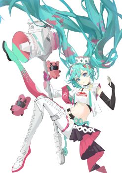 1girl absurdly_long_hair absurdres alternate_costume aqua_eyes aqua_hair belt black_belt black_gloves blue_thighhighs crop_top fingerless_gloves gloves goodsmile_company goodsmile_racing gradient_thighhighs hatsune_miku highres holding holding_megaphone long_hair looking_at_viewer megaphone pink_thighhighs racing_miku racing_miku_(2025) reach_far_away_(viuooczy) shirt shorts solo thighhighs twintails very_long_hair vocaloid white_background white_shirt white_shorts white_thighhighs