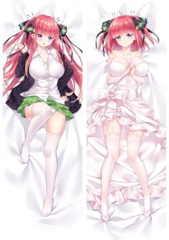 1girl bed_sheet black_cardigan black_ribbon blue_eyes bow breasts cardigan cleavage closed_mouth collarbone collared_shirt dakimakura_(medium) dress dress_shirt from_above full_body garter_straps go-toubun_no_hanayome green_skirt hair_ribbon hair_spread_out high_heels large_breasts long_hair long_sleeves looking_at_viewer lying miniskirt moeanime nakano_nino on_back open_cardigan open_clothes panties pink_hair pleated_skirt pumps ribbon school_uniform shirt short_dress skirt smile solo split_screen strapless strapless_dress thighhighs twintails underwear very_long_hair wedding_dress white_bow white_dress white_footwear white_panties white_shirt white_thighhighs wing_collar