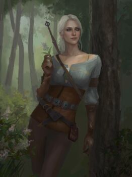 1girl brown_corset brown_gloves brown_pants bush catherine_amberly ciri corset day forest gloves green_eyes highres looking_to_the_side nature outdoors pants shirt solo sword sword_on_back the_witcher_(series) the_witcher_3 tree weapon weapon_on_back white_shirt