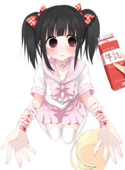 1girl bad_id bad_pixiv_id black_hair blood bow bucket copyright_request crying drink_carton hair_bow highres milk_carton non-web_source school_uniform self-harm solo textless_version translation_request twintails white_background wrist_cutting yuyulovedoz