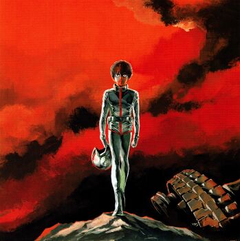 Rule 34 | 1boy, absurdres, brown eyes, brown hair, earth (planet), earth federation space forces, gundam, helmet, highres, mecha, mecha pilot suit, military, military uniform, non-web source, planet, robot, scan, space, space helmet, spacesuit, yasuhiko yoshikazu