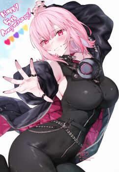 1girl absurdres arm_up black_bodysuit black_jacket blunt_bangs bodysuit breasts commentary covered_navel english_commentary grin headphones headphones_around_neck highres hololive hololive_english jacket kamiya_maneki large_breasts looking_at_viewer mori_calliope mori_calliope_(the_story_thus_far) official_alternate_costume official_alternate_hairstyle outstretched_arm pink_eyes pink_hair pink_jacket quilted_jacket short_hair sidelocks simple_background smile solo two-sided_fabric two-sided_jacket virtual_youtuber white_background