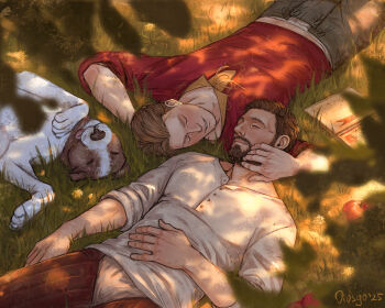 Rule 34 | 2boys, animal, arm behind head, beard, book, brown hair, closed eyes, closed mouth, commentary, dappled sunlight, dog, english commentary, facial hair, field, grass, grey pants, hand on another's face, hand on own stomach, hans capon, henry of skalitz, highres, kingdom come: deliverance ii, lying, male focus, multiple boys, oivsyo, on back, open book, pants, red tunic, shirt, short hair, sideburns, sleeves rolled up, smile, sunlight, tongue, tongue out, tunic, white shirt, yaoi