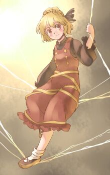 1girl black_bow black_shirt blonde_hair blush bow braid braided_bun brown_dress brown_shoes buttons commentary_request dress full_body hair_bun hand_up kurodani_yamame long_sleeves one-hour_drawing_challenge rangycrow red_eyes shirt shoes short_hair silk sitting smile socks solo spider_web split_mouth touhou white_socks yellow_background