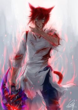 Rule 34 | 1boy, animal ears, black pants, blood, blood on arm, blood on face, cat ears, cat tail, commentary, english commentary, final fantasy, final fantasy xiv, holding, holding weapon, male focus, miqo'te, pants, red hair, renrenka noi, shirt, short hair, solo, tail, warrior of light (ff14), weapon, white shirt, wiping blood