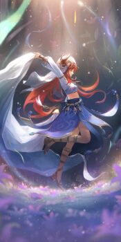 1girl absurdres anna_(drw01) arm_up artist_name back_bow blue_bow blue_gemstone blue_skirt bow breasts circlet closed_eyes closed_mouth commentary_request crop_top dancer dancing fake_horns flower from_side gem genshin_impact gladiator_sandals gold_sandals gold_trim hair_between_eyes harem_outfit high_heels highres holding horns jewelry leaf leg_up long_hair long_sleeves medium_breasts midriff nilou_(genshin_impact) partial_commentary pink_flower puffy_long_sleeves puffy_sleeves purple_flower red_hair sandals sidelocks skirt smile solo standing standing_on_one_leg twintails veil vision_(genshin_impact) white_veil