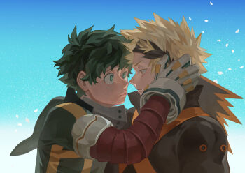 2boys arm_up bakugou_katsuki black_mask blonde_hair blue_background bodysuit boku_no_hero_academia bright_pupils closed_mouth cloud commentary_request eye_contact eye_mask face-to-face falling_petals freckles from_side gloves gradient_background green_eyes green_gloves green_hair green_pupils grey_background grey_gloves hand_on_another's_face headgear high_collar highres imminent_kiss looking_at_another male_focus mask mask_around_neck mask_lift mask_on_head midoriya_izuku mouth_mask multiple_boys nebikkurishita no_pupils partial_commentary petals profile red_eyes short_hair sky two-sided_gloves upper_body wavy_hair white_gloves white_petals yaoi