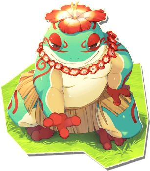 Rule 34 | flower, flower necklace, flower on head, frog, hawaiian clothes, jewelry, kawazumo (monster farm), kusazumo (monster farm), line: monster farm, monster, monster farm, necklace, official art, sumo