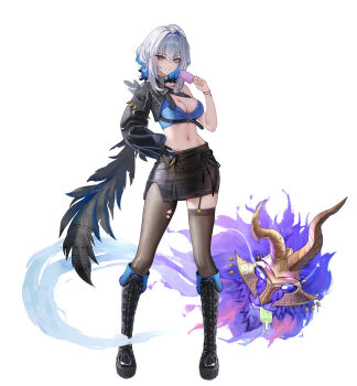 1girl absurdres adapted_costume black_boots black_jacket black_pantyhose black_skirt black_thighhighs black_wings blue_bra blue_hair boots bra breasts bubble99 chimera_(wuthering_waves) closed_mouth colored_inner_hair commentary_request cropped_jacket feathered_wings food full_body galbrena_(wuthering_waves) grey_hair hair_between_eyes hand_on_own_hip highres holding holding_food holding_popsicle jacket korean_commentary lace-up_boots large_breasts looking_at_viewer medium_hair multicolored_hair navel pantyhose popsicle purple_eyes simple_background single_sleeve single_thighhigh single_wing skirt smile standing stomach tacet_discord_(wuthering_waves) thighhighs thighs torn_clothes torn_pantyhose underwear white_background wings wuthering_waves