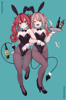 2girls absurdres animal_ear_hairband animal_ears black_bow black_bowtie black_leotard black_pantyhose black_shoes bottle bow bowtie demon_girl demon_horns demon_tail detached_collar fake_animal_ears gradient_background green_background hairband high_heels highres horns kohe_billialot leotard long_hair multiple_girls one_eye_closed open_mouth original pantyhose pink_hair playboy_bunny rabbit_ears red_eyes red_hair shoes smile strapless strapless_leotard tail tray twintails wine_bottle wrist_cuffs