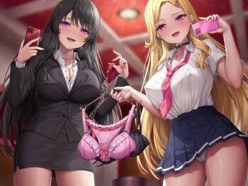 2girls :d absurdres black_bra black_choker black_hair black_jacket black_skirt blue_skirt blurry blurry_background blush bra breasts business_suit cameltoe ceiling choker cleavage clothes_hanger collarbone covered_erect_nipples dress_shirt ear_piercing fang formal_clothes frilled_bra frilled_panties frills gyaru highres holding holding_clothes_hanger holding_phone holding_unworn_clothes jacket lambda_(kusowarota) long_hair long_sleeves looking_at_viewer multiple_girls necktie no_bra office_lady open_clothes open_mouth open_shirt original panties parted_bangs pencil_skirt phone piercing pink_bra pink_necktie pink_panties purple_eyes red_eyes school_uniform shirt short_sleeves sidelocks skirt smile standing suit sweat taut_clothes thighs underwear very_long_hair white_panties white_shirt