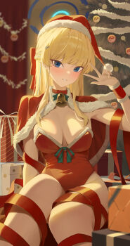1girl absurdres bell blue_archive blue_eyes blush breasts christmas christmas_tree cowboy_shot ctrl+z hat highres long_hair looking_at_viewer medium_breasts neck_bell santa_hat toki_(blue_archive) w