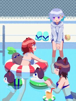 Rule 34 | 3girls, :3, :d, alternate costume, ange katrina, animal ears, banken (inui toko), bare arms, bare legs, bare shoulders, bikini, bird, blue bikini, blue eyes, blue hair, blue sandals, blush stickers, breasts, brown hair, chain-link fence, closed eyes, closed mouth, commentary request, creature, cup, day, dog ears, dog girl, dog tail, drinking glass, drinking straw, fence, grey hair, grey hoodie, hair behind ear, hair ornament, hairpin, highres, hood, hood down, hoodie, innertube, inui toko, lize helesta, long sleeves, looking at another, mandragora, mandragora (ange katrina), medium breasts, medium hair, multicolored hair, multiple girls, multiple hairpins, nijisanji, no lineart, no pupils, open mouth, own hands together, partially submerged, pool, poolside, profile, purple eyes, red hair, sakana (123oo), sanbaka (nijisanji), sandals, sebastian piyodore, small breasts, smile, soaking feet, sunglasses, swim ring, swimsuit, tail, two-tone hair, unworn sandals, virtual youtuber, water, white bikini, yellow bird