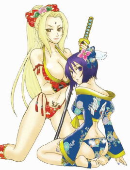Rule 34 | 2girls, back, barefoot, blonde hair, breasts, brown eyes, cleavage, feet, flower, from behind, hair flower, hair ornament, kneeling, long hair, looking back, multiple girls, naruto (classic), naruto (series), onemu hormone, ponytail, purple eyes, purple hair, shizune (naruto), short hair, simple background, sitting, smile, sword, tattoo, tsunade (naruto), weapon