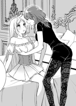 2girls :o arms_at_sides ass blush breasts cleavage closed_mouth commentary_request edelgard_von_hresvelg facing_another feet_out_of_frame female_byleth_(fire_emblem) fire_emblem fire_emblem:_three_houses grabbing_another&#039;s_breast greyscale groping highres indoors lace lace_pantyhose large_breasts long_hair looking_at_another medium_breasts monochrome multiple_girls nintendo on_bed open_mouth pantyhose pantyhose_under_shorts shirt short_shorts shorts sitting small_sweatdrop standing straight_hair wide-eyed yudepan_(yuri_no_sugata) yuri