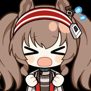 >_< 1girl :o angelina_(arknights) animal_ears animated animated_gif arknights black_choker blush brown_hair chinese_commentary choker chunye_haruya coat commentary_request dot_nose earpiece flying_sweatdrops fox_ears hair_between_eyes hairband infection_monitor_(arknights) jacket long_hair lowres material_growth open_clothes open_coat open_jacket open_mouth oripathy_lesion_(arknights) red_eyes red_hairband red_jacket second-party_source solo striped_clothes striped_hairband sweatdrop transparent_background twintails two-tone_hairband upper_body white_coat